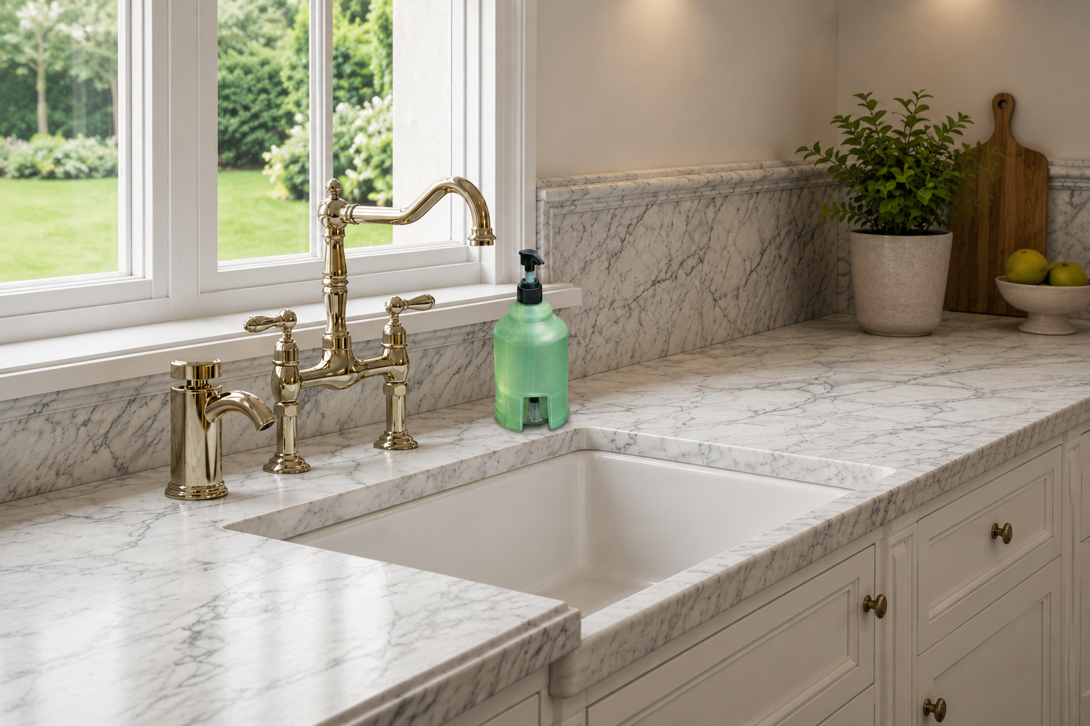 Patented sage-green dispenser mounted over the kitchen air gap, beside a polished nickel bridge faucet on a marble counter